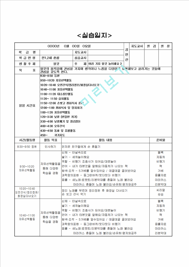[보육교사] 유치원 어린이집 보육교사 보육 실습일지 (9 페이지)